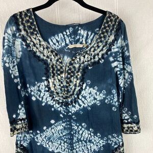 Soft Surroundings beaded neck & sleeves tie dye look XS tunic top